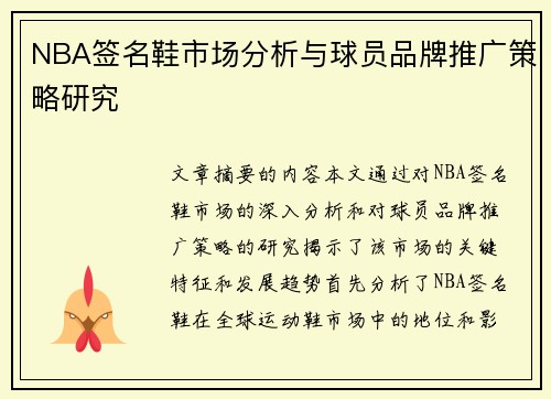 NBA签名鞋市场分析与球员品牌推广策略研究