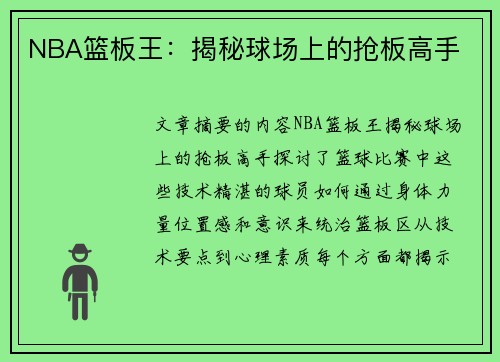 NBA篮板王：揭秘球场上的抢板高手